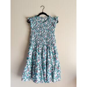 J. Crew Blue + Pink Flutter Sleeve Smocked Ruffle Floral Print Mini Dress Large